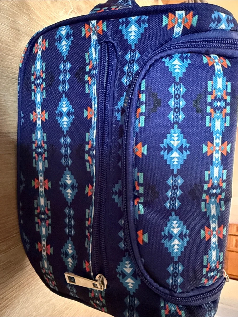Navy Aztec Print Travel Pouch - Compact Cosmetic Bag